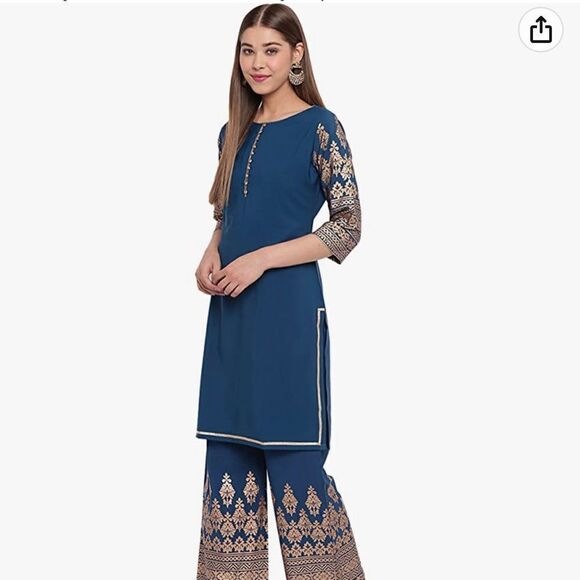 Janasya Indian Women's Teal Poly Crepe Kurti With Palazzo - Picture 2 of 8